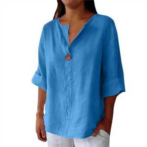 New women's European and American casual cotton <b>linen</b> satin T-shirt loose V-neck button casual solid color <b>top</b> - Product Image 1