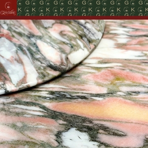 Mesa Redonda Giratoria de Mármol Rosa con Vetas Naranjas para Comedor de Villa de Lujo, Pedestal Híbrido de Mármol y Madera, OEM ODM - Product Image 6