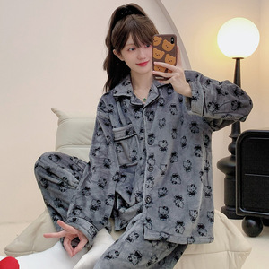 Cárdigan de Franela Térmica con Estampado de Dibujos Animados para Mujer, de Terciopelo Coral, Cuello Camisero, Manga Larga, Ropa de Dormir para <span class=keywords><strong>Invierno</strong></span> - Product Image 2