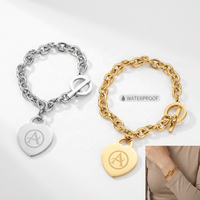 Bracelet Yiwu Aceon en acier inoxydable avec chaîne à maillons épais en forme de O, fermoir à bascule estampé, pierre de naissance, cœur pêche et logo