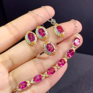 Set Perhiasan Batu Permata Topaz Merah Muda Alami Perak Murni 925 Lapis Emas Mawar Grosir