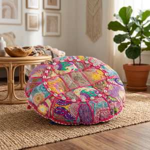 Coussin de sol non tissé brodé à la main en patchwork vintage indien pour hôtel et hôpital - Product Image 2