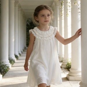Robe en satin froissé métallisé ivoire pour filles, col rond à volants, ornements de perles, sans manches, motif floral, couleur unie, pour l'été - Product Image 2