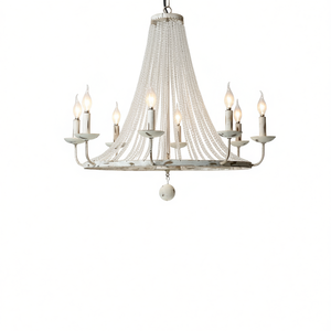 Lustre Crylite style campagne française à 8 lumières, perles de cristal, LED en forme de bougie, taille moyenne, accents métalliques blancs - Product Image 1