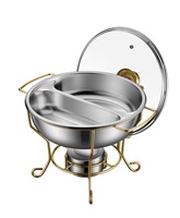 Support de buffet rond en acier inoxydable plaqué or de luxe 5L avec couvercle en verre, pour restaurant, hôtel, usage domestique, chauffage au combustible