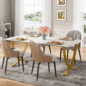 Tribesins矩形木制金色白色大理石餐桌厨房餐桌现代餐桌套装家庭餐厅家具