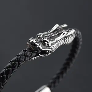 Fashion Jewelry Stainless Steel Jewelry Custom Silver Black Men Leather Bracelet Stainless Steel Bracelet