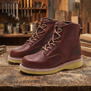 Men's Full Grain <b>Leather</b> Steel Toe <b>Work</b> <b>Boots</b> Lace-up Anti-Slip Rubber Outsole Construction Safety Shoes - Product Image 2