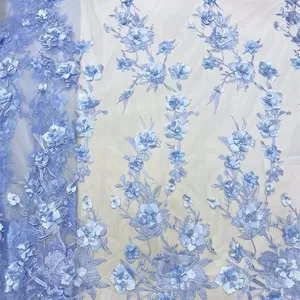 China 15 Yards Multi-Colored Elegant Polyester Nylon Wedding 3D Flower Beads Embroidered Mesh Tulle Net Lace Fabric