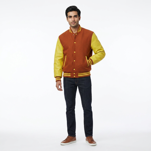 Custom Made <b>Men's</b> Winter High Street Style Varsity Letterman <b>Jacket</b> <b>White</b> Leather Sleeve Stand Collar Black Wool Body Front Logo - Product Image 1