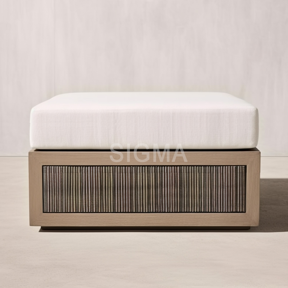 Modern Hotel Outdoor Lounge Set Rope Sofa Ottoman Weaving Teak Wood Outdoor Furniture