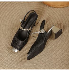 En stock, sandales à talon haut pour femme, style Mary Jane, à bride unique, à talon carré, à bout ouvert, style chinois, avec perles et color block - Product Image 4
