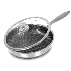 High Quality 26/28/30Cm Kitchen Non Stick Glass Lid 304 Stainless Steel Cooking Induction Frying Pan Set For Restutrant