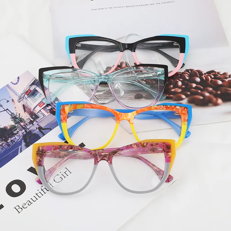 Wholesale Luxury Tricolor Vintage Classic Women Cat Eye Glass Frames Glasses Acetate Optical Eyewear Eyeglasses Frames