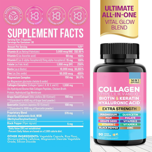 Suplemento Dietético Natural 14 en 1 con Colágeno Tipos I, II, III, V, X, Biotina, Queratina <span class=keywords><strong>y</strong></span> Ácido Hialurónico para Adultos, Aclara la Piel, 90 Cápsulas - Product Image 4