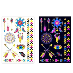 8 Large Sheets Neon Temporary Tattoos 100+ Glow UV Jewellery Body Shimmer Tattoo Black Lights Fake Skin Party Accessories Tattoo