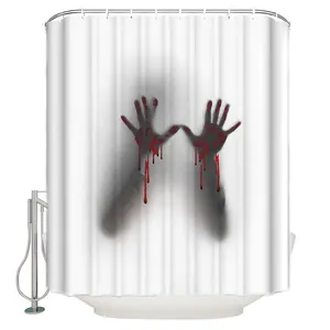 Venda quente Halloween Terror Elementos Sangue Mão Impressão Impermeável Hookless Cortina De Chuveiro Para Banheiro
