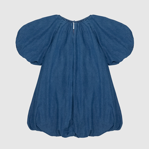<span class=keywords><strong>Vestido</strong></span> casual mini de mezclilla lavado claro con cuello redondo fruncido, manga abullonada y dobladillo burbuja para <span class=keywords><strong>mujer</strong></span>, fabricado a medida - Product Image 4
