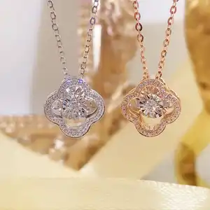 NINE'S Luxurious Classic Fashion Design 18K Real Gold Diamond Clover Pendant Necklace Women Fine Jewelry