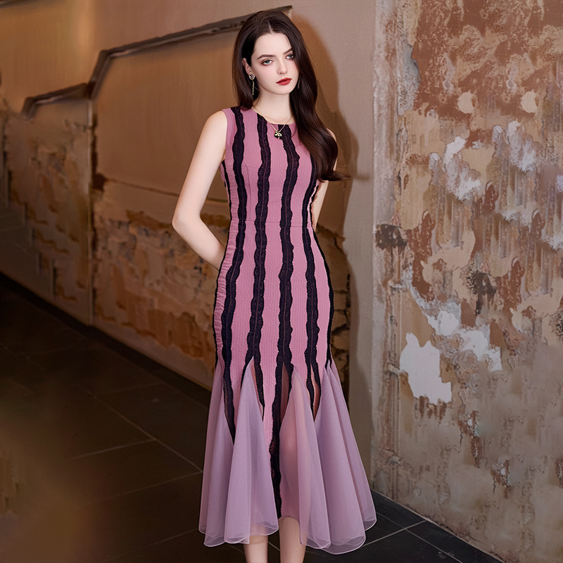 Pink Black Striped Mesh Strappy Bodycon Dress Contrast Color Pink