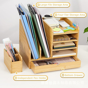 Bamboo Desktop <b>File</b> Organizer 3 Tier With Drawer For Office Home Study <b>Storage</b> Rack And Pen Holder - Product Image 3