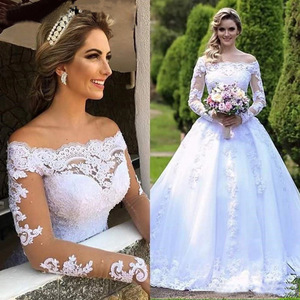 Off The Shoulder Wedding Dress Princess Silhouette Ball Gown White Long Sleeve Lace Train Plus Size Women Bridal Dress - Product Image 2