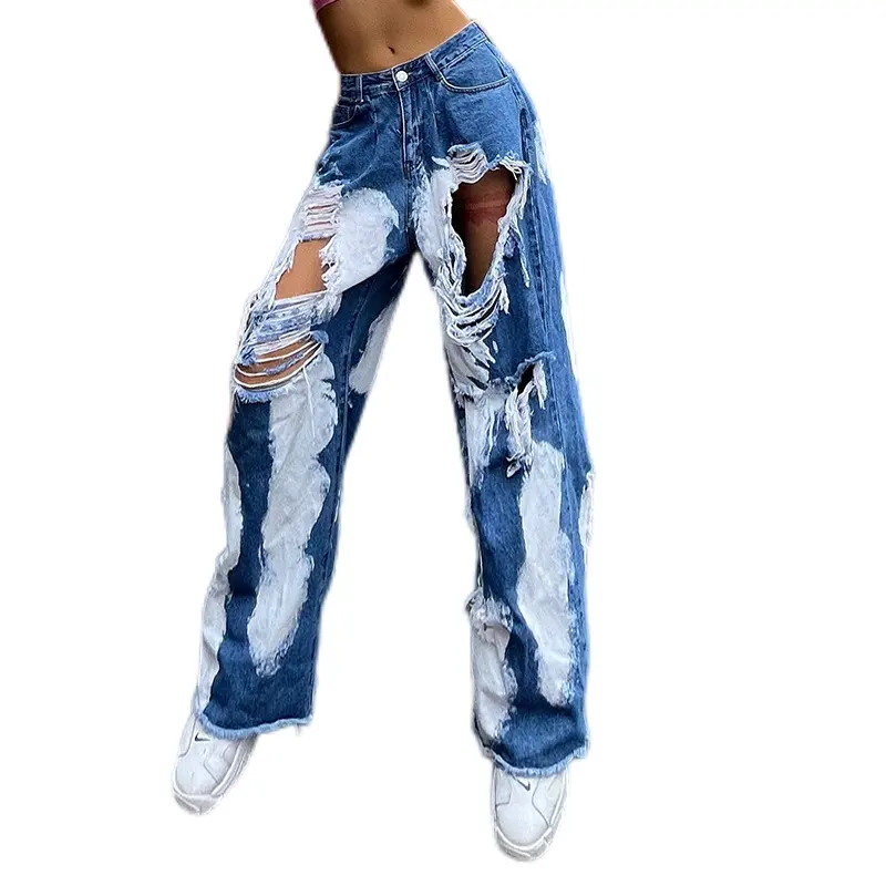 Ripped Straight Jeans Frauen Hohe Taille Locker hängende Baggy Wide Leg Pants Jeans für Frauen Denim Girl Jean