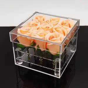 Caixa de armazenamento de flor quadrada acrílica, transparente, com tampa, caixa de presente, casamento, para decoração de casa, centro de casamento