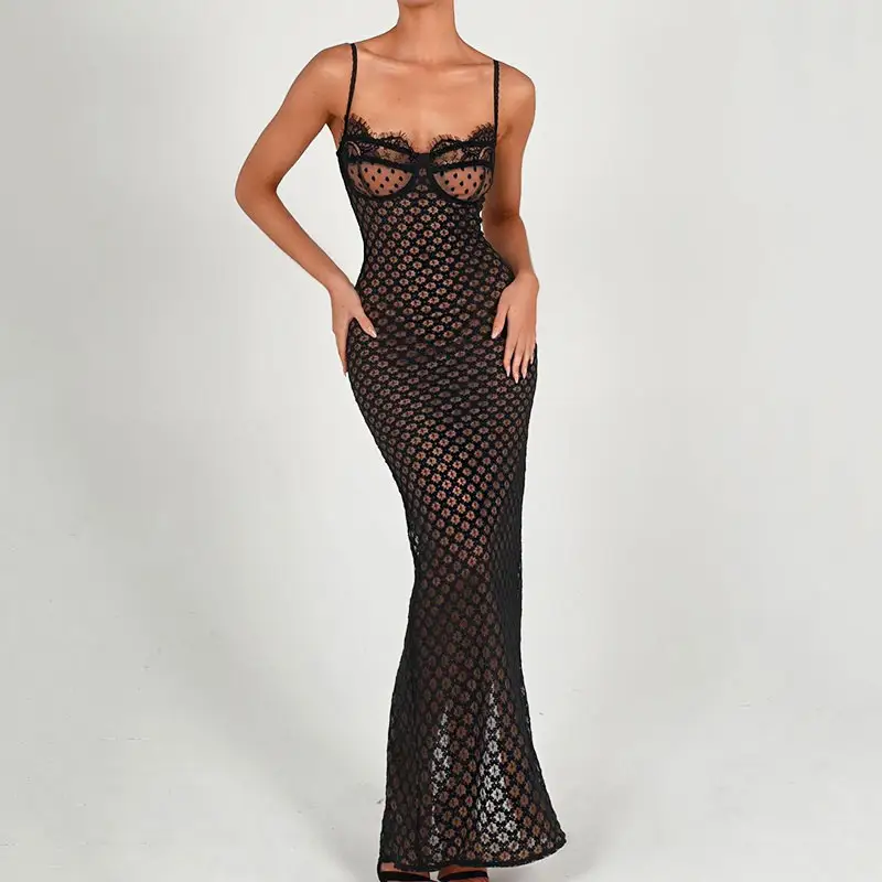 2023 Summer Double Lace Patchwork Slit Sexy Bodycon Long Dress Black Slim Women Elegant Club Party Maxi Evening Dresses