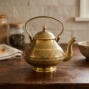 Oriental Metal Tea Kettle With <b>Lid</b> And Handle Decorative Gold Finish Water <b>Pot</b> - Product Image 6