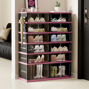 Scarpiera portatile in un unico pezzo, alla moda, nera e rosa, facile da montare, scarpiera pieghevole in plastica, con Logo personalizzato - Product Image 3