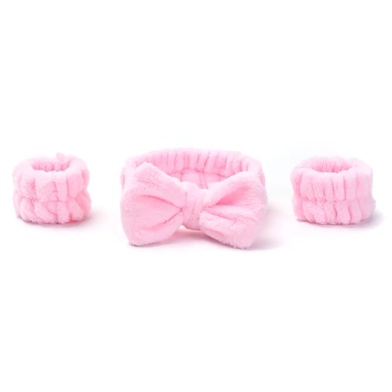 3 pcs/set Baby soft fashion coral velvet bow and spa headband towel wristbands set with elastic hair band