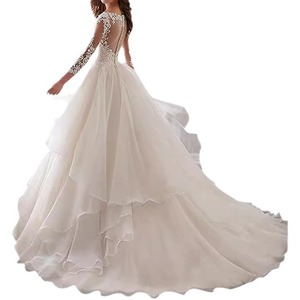 Wedding Dress Ball Gown V-Neck Long Sleeve Backless Princess Waist <b>Floor</b> Length Trail Style For Women - Product Image 4