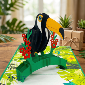 Carte pop-up 3D Toucan, design animal personnalisé, découpe de papier artisanale, impression offset, de Hanoï, Vietnam, cadeau de Noël et de Nouvel An - Product Image 1