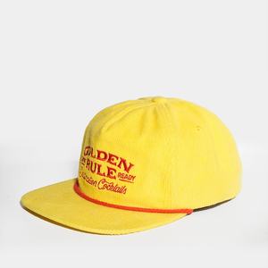 Casquettes personnalisées à broderie plate non structurée, 5 panneaux, en velours côtelé jaune, avec fermeture à pression - Product Image 3