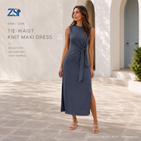 Robe midi décontractée d'été sans manches Zesheng pour femme, coupe ajustée, taille naturelle, décolleté bateau, fente latérale, tricotée unie, moulante, idéale pour le bureau