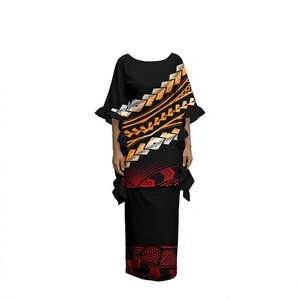 Vestido Formal de Verano para Mujer, Talla Grande, Diseño Floral Oscuro, Estilo Hawaiano, Puletasi Samoano, con Mangas con Volantes, de Poliéster - Product Image 3