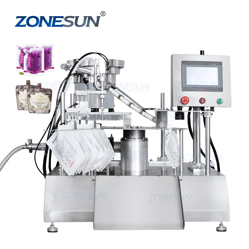 ZONESUN ZS-AFC12D tappatrice per riempimento di sacchetti con beccuccio liquido per bevande analcoliche rotanti da tavolo automatico ZONESUN