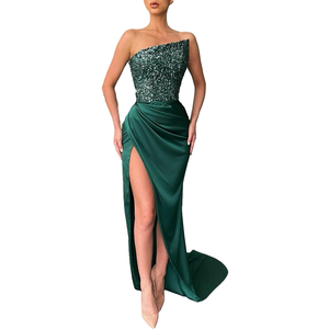 Robes de soirée élégantes pour femmes, tendance, sans bretelles, asymétriques, avec des sequins et des patchwork en satin, vente chaude - Product Image 2