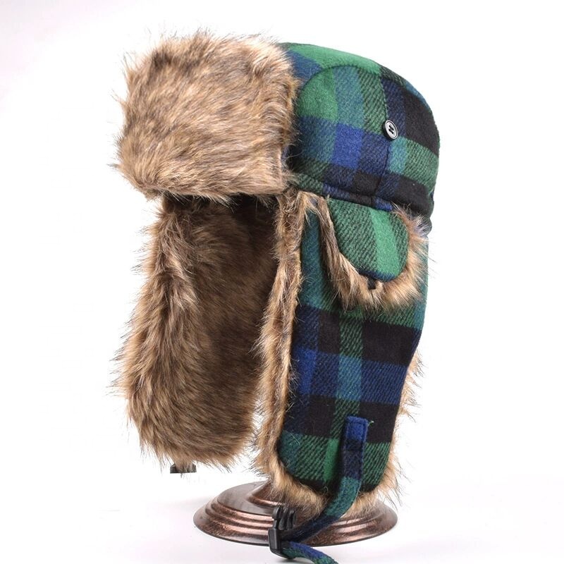 HEYANN Plaid Faux Fur Fuzzy Winter Trapper Hoed voor Mannen Vrouwen met Oorkleppen Russische Ushanka Trapper Hoeden Eskimo Sovjet Pilot Hoed Shell Thermische Winddicht, Zwart-grijs, L-XL