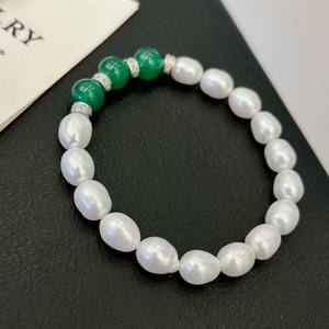 Pulsera Clásica de Perlas de Agua Dulce y Ágata Verde Natural de 7-8 mm, Forma de Arroz, Accesorios de Joyería de Moda, Estilo con Cuentas - Product Image 2