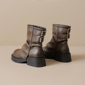 Bottes d'hiver courtes plissées rétro pour femmes 2025, nouveau design à bout rond, talon épais, en cuir véritable respirant - Product Image 5