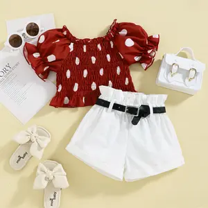 Baby Girl Sommer Kleidung Set Puff Ärmel Dot Print Top T-Shirt Outfits und kurze Hosen mit Gürtel Casual Kids Kleidung Set