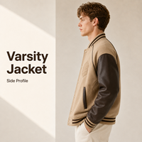 Blouson universitaire personnalisé avec badge en relief, manches en cuir contrastant, bordure rayée, coupe oversize épaisse, kaki, style minimaliste