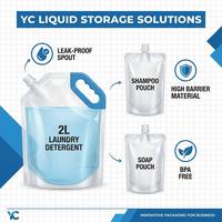 Emballage personnalisé en sachet souple de qualité alimentaire avec bec verseur pour détergents liquides et savons - Tailles 100 ml/0,5 L/1 L - Sérigraphie numérique