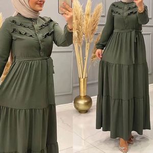 <span class=keywords><strong>Robe</strong></span> <span class=keywords><strong>Longue</strong></span> HANO d'Automne Dernier Cri Couleur Unie à Volants pour Femme, Élégante Tunique Musulmane à Manches Longues avec Ceinture, Robes Longues Multicolores - Product Image 4