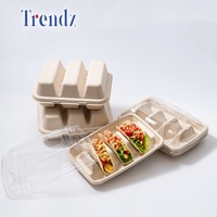 Boîte à lunch biodégradable Trendz en bagasse de canne à sucre, emballage pour tacos, récipient alimentaire jetable, porte-tacos à 3 compartiments avec couvercle