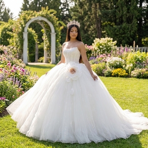 Robe de mariée en satin ivoire longue jusqu'au sol Spjy019, bustier, corset, avec fleurs volumineuses en tulle, style princesse, robe de bal - Product Image 1