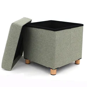 Wood Ottoman Green Fabric Footstool Space Saving Living Room Lid Storage Ottoman With Wooden Leg