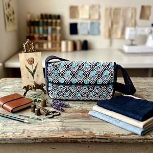 The Beaded Garden Handmade Rectangular Canvas Handbag with Floral Embroidery Polyester Washable Blue Textile Craft - Product Image 1